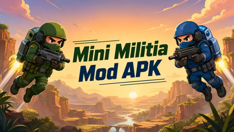 Mini Militia Mod APK latest version hero banner featuring cartoon soldiers with jetpacks.