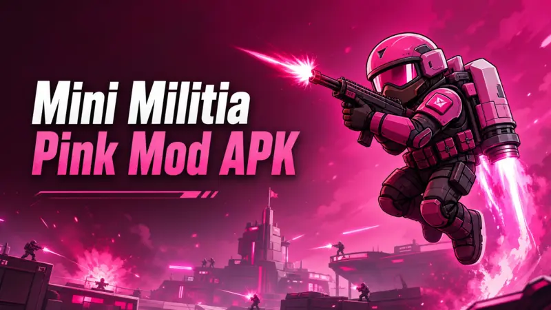 Stylized soldier in a pink jetpack for Mini Militia Pink Mod APK article hero banner.