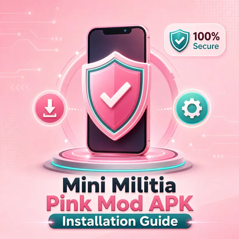 Security shield and smartphone icon for Mini Militia Pink Mod APK installation and safety guide.