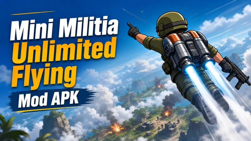 Stylized soldier character soaring in the clouds for Mini Militia Unlimited Flying Mod APK article hero banner.