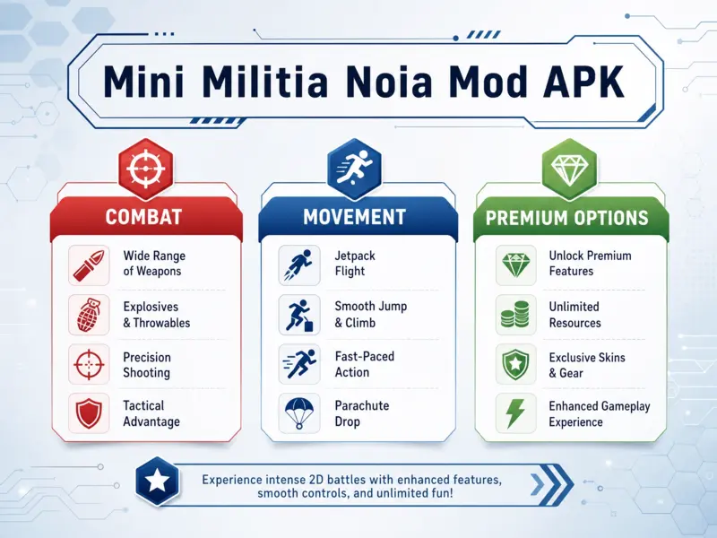 Infographic showing combat, movement, and premium features for Mini Militia Noia Mod APK.