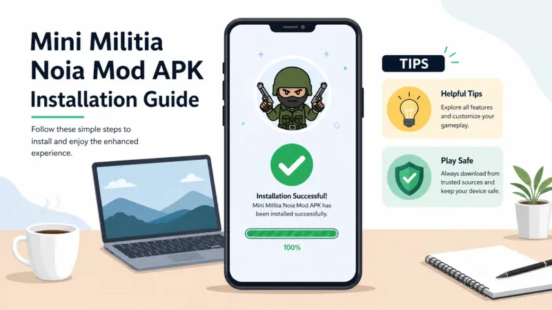 A smartphone screen showing a successful installation of Mini Militia Noia Mod APK with gameplay tips.