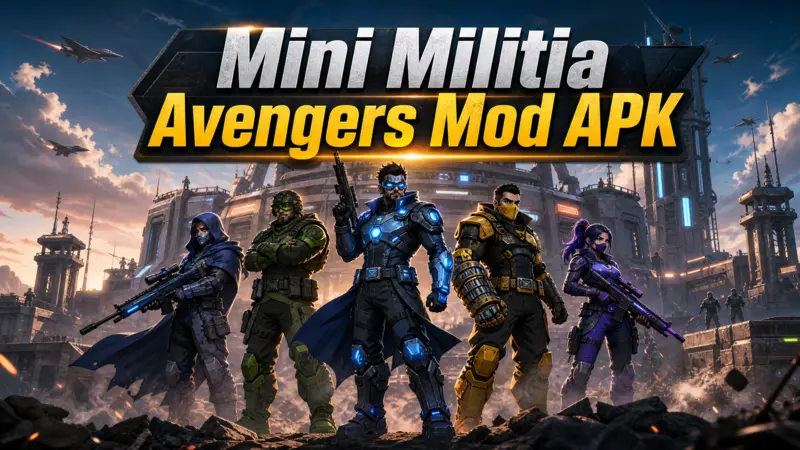 Team of original superhero-themed soldiers for Mini Militia Avengers Mod APK article hero banner.