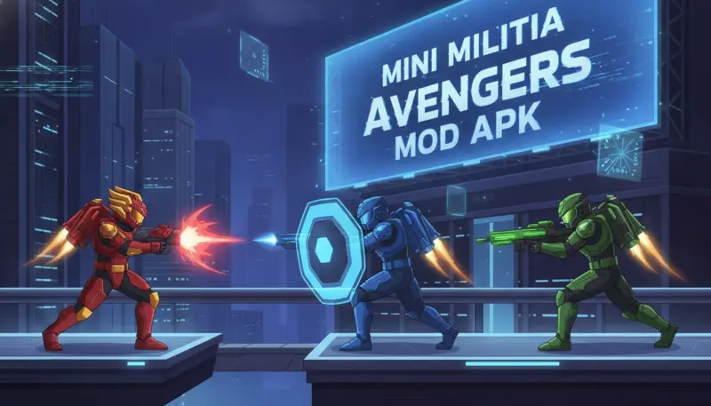 Original superhero-themed tactical soldiers in a futuristic 2D battle arena for Mini Militia Avengers Mod APK.