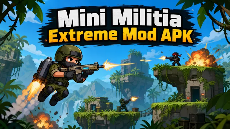 A stylized 2D action scene of a soldier with a jetpack flying through a jungle arena, featuring the text Mini Militia Extreme Mod APK.