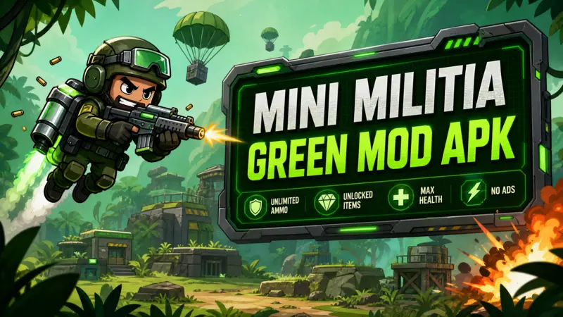 Professional hero banner for Mini Militia Green Mod APK showing a cartoon soldier in a jungle battle scene.