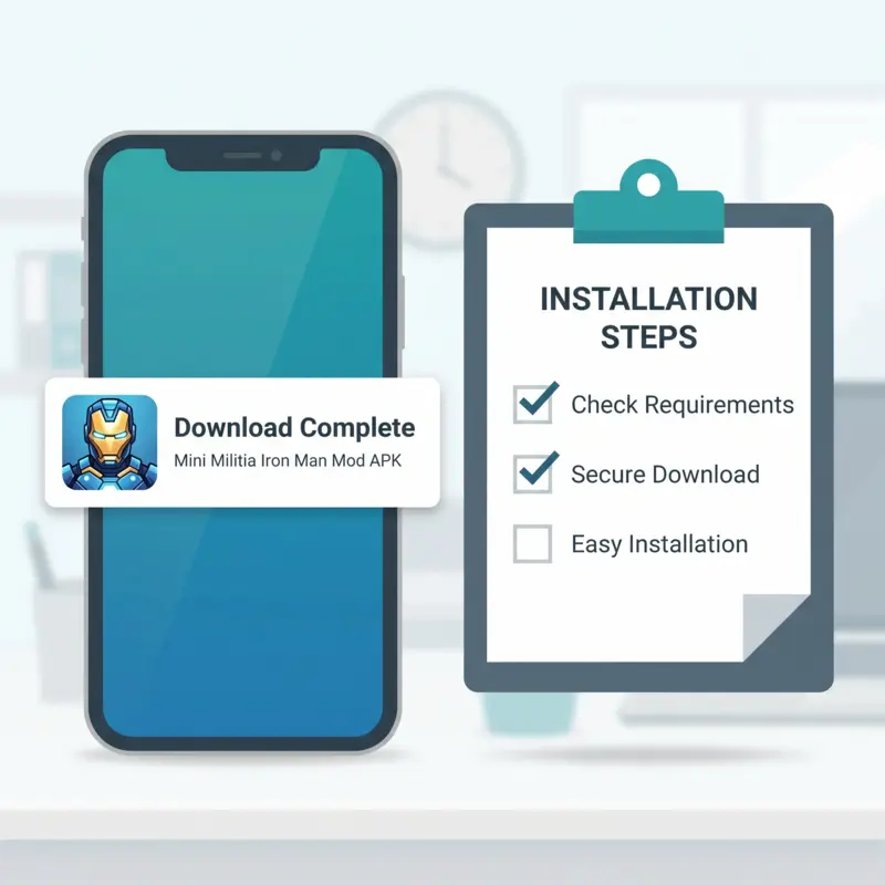 Step-by-step installation and safety guide for Mini Militia Iron Man Mod APK on Android devices.