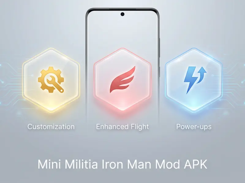 Educational graphic highlighting key features of Mini Militia Iron Man Mod APK including customization and enhanced flight.