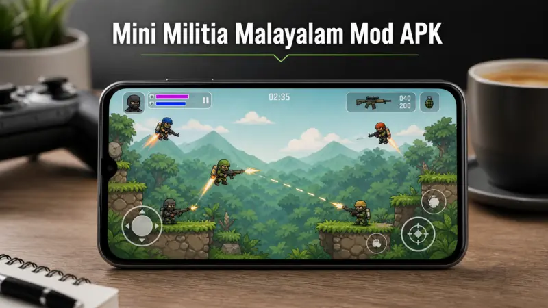 A smartphone displaying Mini Militia Malayalam Mod APK gameplay with doodle soldiers and jetpack combat.