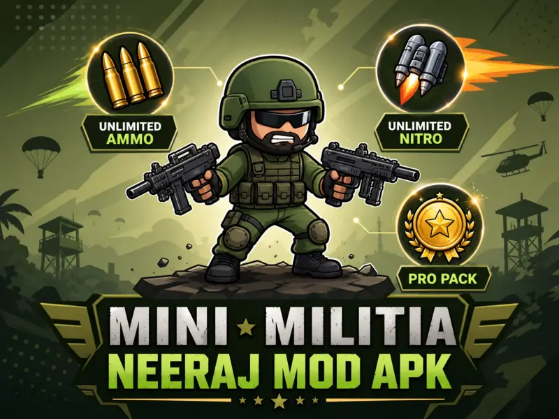 Illustration of key features for Mini Militia Neeraj Mod APK including Unlimited Ammo and Nitro.