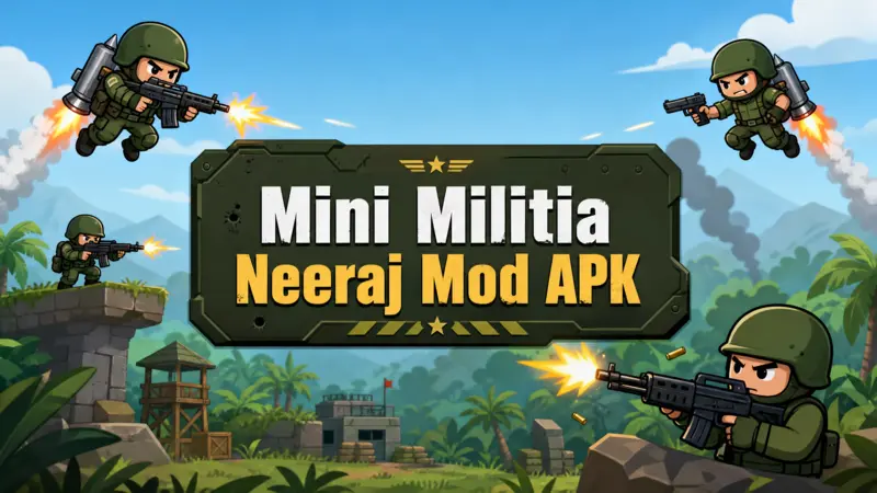 Hero banner for Mini Militia Neeraj Mod APK showing 2D cartoon soldiers in a jungle battlefield.