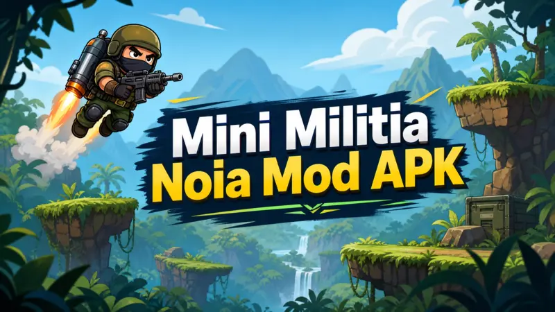 A stylized 2D soldier flying with a jetpack in a jungle setting for Mini Militia Noia Mod APK.