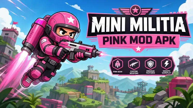 A stylized soldier with a pink jetpack and futuristic weapon in a Mini Militia Pink Mod APK gaming scene.