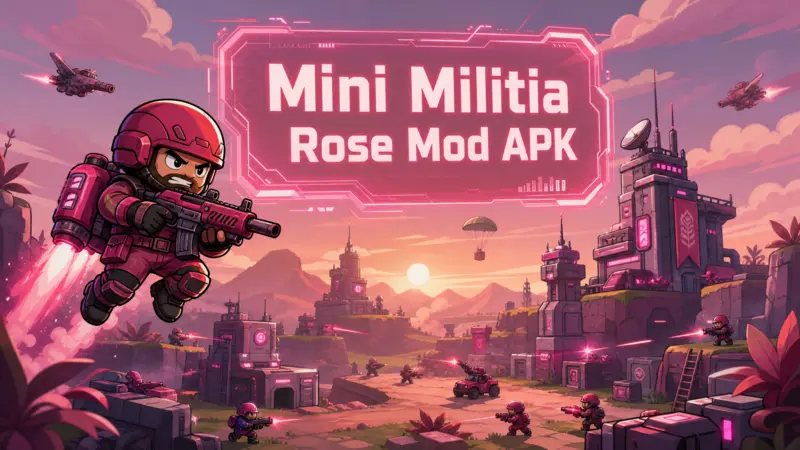 A stylized 2D soldier flying over a futuristic battlefield with Mini Militia Rose Mod APK text.