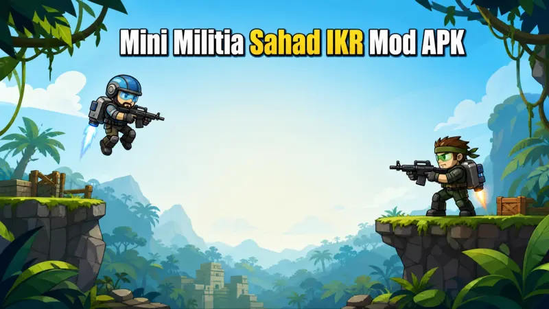 A dynamic 2D battle scene in a jungle arena for Mini Militia Sahad IKR Mod APK educational guide.