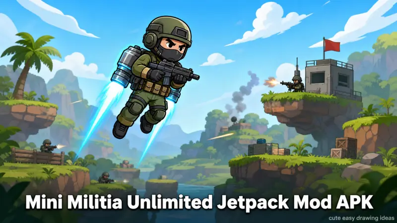 Stylized soldier character flying with an unlimited jetpack in a 2D battlefield environment.