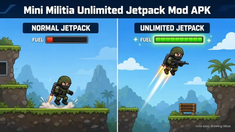 Comparison infographic showing the difference between limited fuel in a normal jetpack and continuous flight in the Mini Militia Unlimited Jetpack Mod APK.