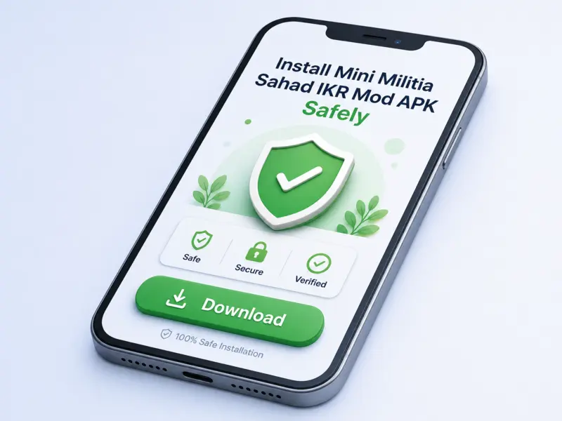 Professional smartphone mockup showing the safe installation process for Mini Militia Sahad IKR Mod APK.